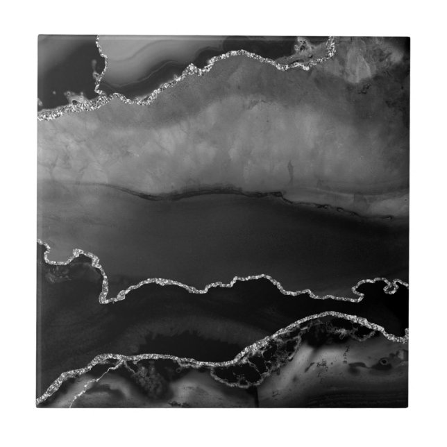 Faux Black Marled Agate Elegant Silver Glitter Kakelplatta (Framsidan)