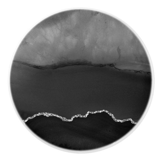 Faux Black Marled Agate Elegant Silver Glitter Knopp (Framsidan)