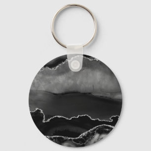 Faux Black Marled Agate Elegant Silver Glitter Nyckelring