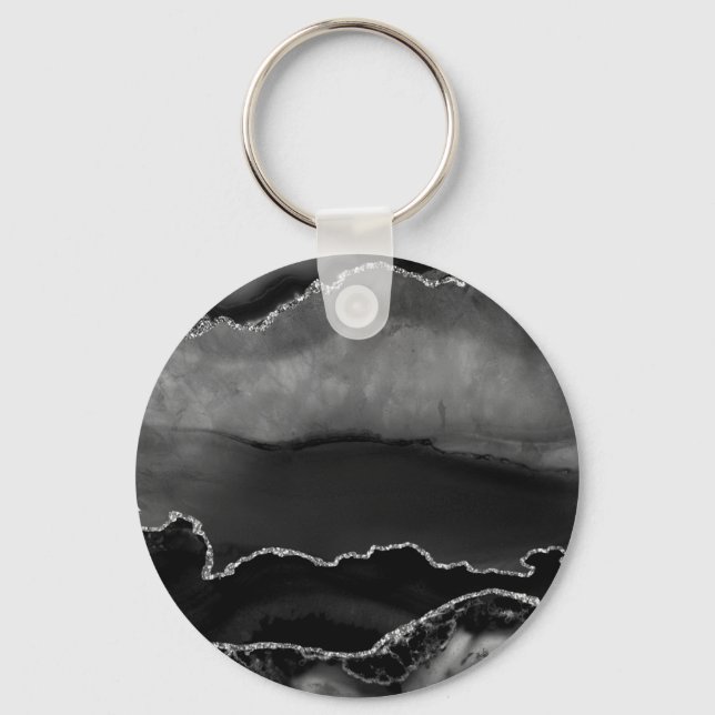 Faux Black MarLED Agate Elegant Silver Glitter Nyckelring (Framsida)