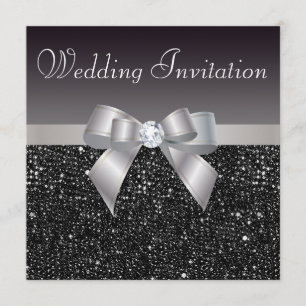 Faux Black Sequins, Silver Bow & Diamond Bröllop Inbjudningar