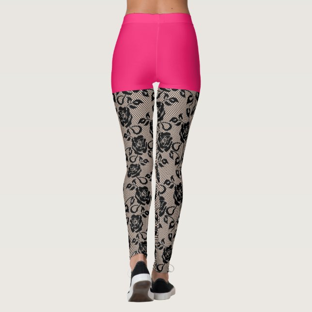 Faux Black Snöre Fishnet Funny Leggings Rosa Kort (Baksida)