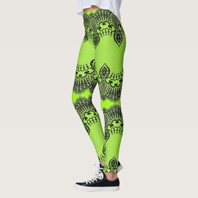 Faux Black Snöre Fishnet Leggings Neon Grönt Färg (Vänster)