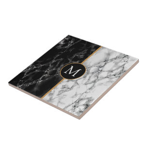 Faux Black White Marble Ceramic Tile - Monogram Kakelplatta