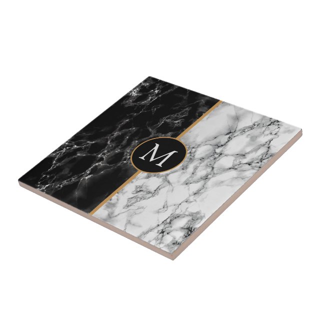 Faux Black White Marble Ceramic Tile - Monogram Kakelplatta (Sidan)