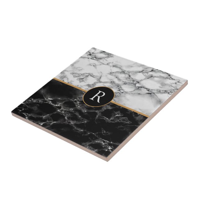 Faux Black & White Marble - Ditt Brev Monogram Kakelplatta (Sidan)