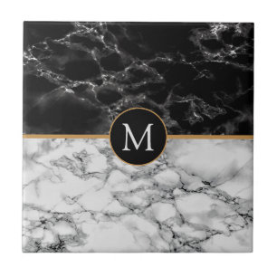 Faux Black White Marble Monogram Ceramic Tile Kakelplatta