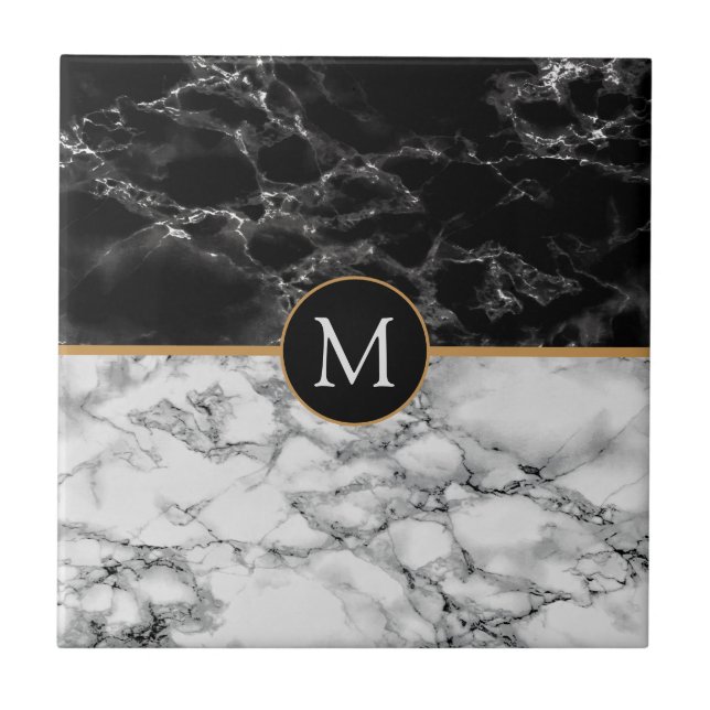 Faux Black White Marble Monogram Ceramic Tile Kakelplatta (Framsidan)