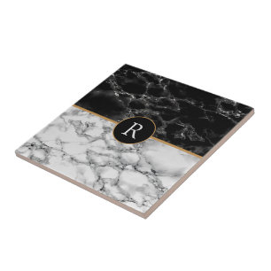 Faux Black White Marble Monogram Ditt Brev Kakelplatta