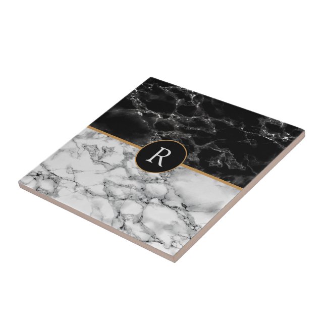 Faux Black White Marble Monogram Ditt Brev Kakelplatta (Sidan)