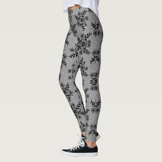 Faux Black White Snöre Fishnet Leggings Romantic (Vänster)