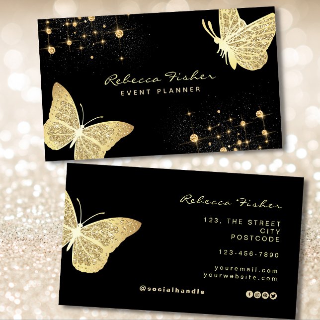 Faux Blek Ivory Guld Butterfly Gnistra Visitkort (Gold & Black Business Card)