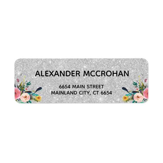 Faux Blommigt Silver Glitter Foil Returadress Etikett (Framsidan)