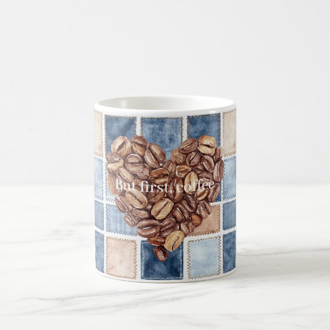 Faux Blue Cream Denim First Coffee Beans Heart Kaffemugg (Center)