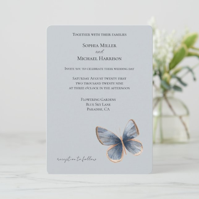 Faux Blue Denim Butterfly Wedding Inbjudningar (Stående Fram)