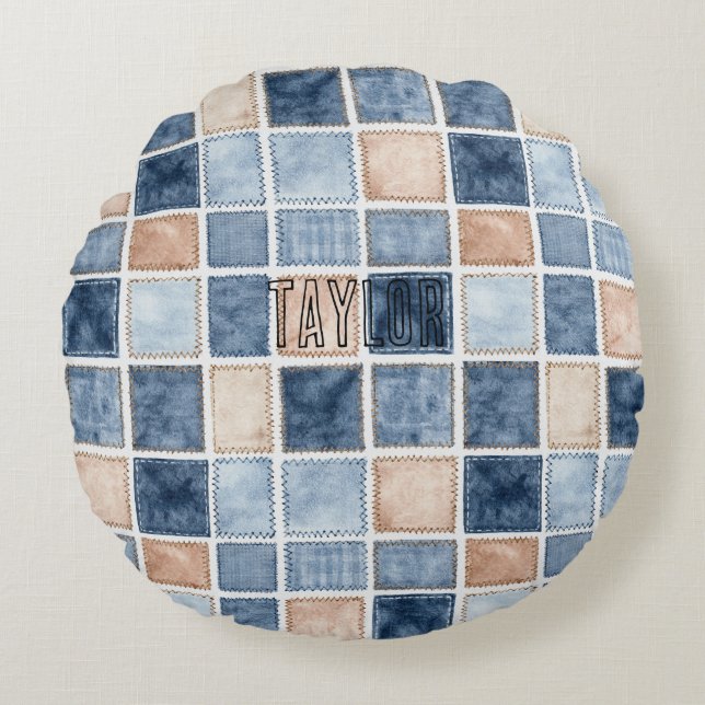 Faux Blue Glitter Cream Denim  Rund Kudde (Framsidan)