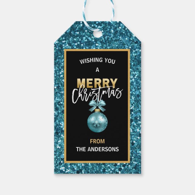 Faux Blue Glitter God jul Guld Bauble Presentetikett (Framsidan)