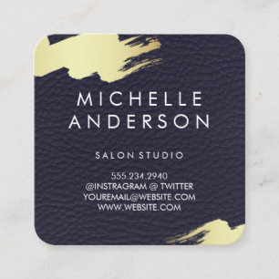 Faux Blue Leather/Guld Brushed Fyrkantigt Visitkort