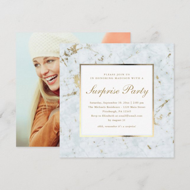 Faux Blue Marble med Photo Surprise Party Inbjudningar (Fram/baksida)