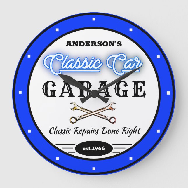 Faux Blue Neon Classic Car Garage any Namn Stor Klocka (Framsida)