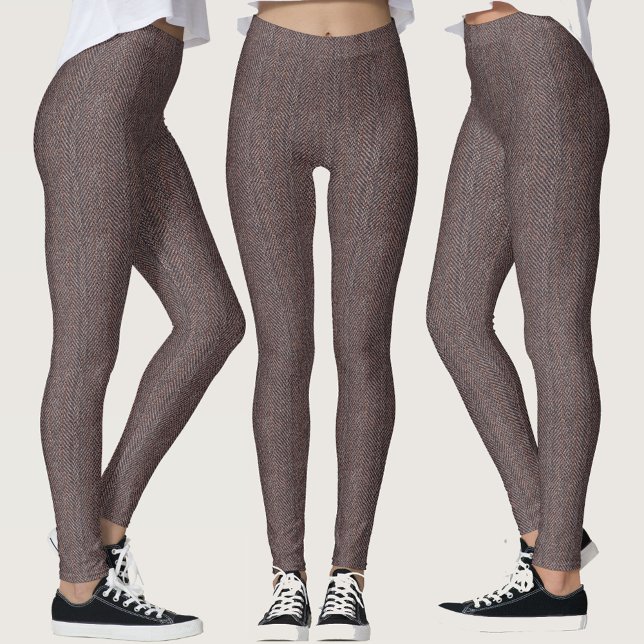 Faux Brown Herringbone Tweed Mönster Fabric Art Leggings (Faux Brown Herringbone Tweed Pattern Fabric Art Leggings)