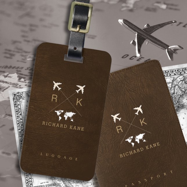 Faux Brown Leather Elegant Classy Traveler Namn Bagagebricka (Skapare uppladdad)