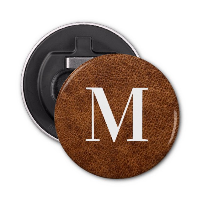 Faux Brown Leather Modern Monogram Flasköppnare (Framsidan)