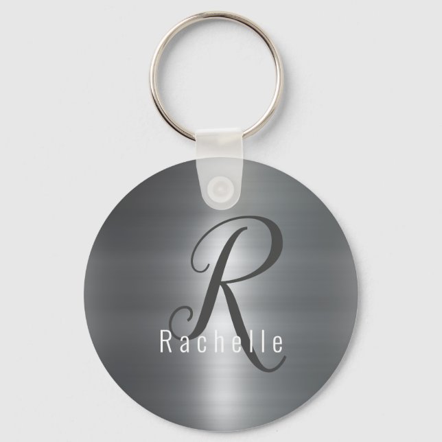 Faux Brushed Metall Stainless Steel Monogram Namn Nyckelring (Framsida)