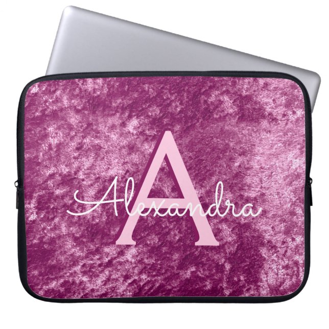 Faux Burgundy Lila Velvet Mönster Monogram Laptop Fodral (Framsidan)