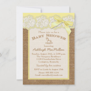 FAUX Burlap Elfenbensspets, Gul Baby Shower Inbjud Inbjudningar