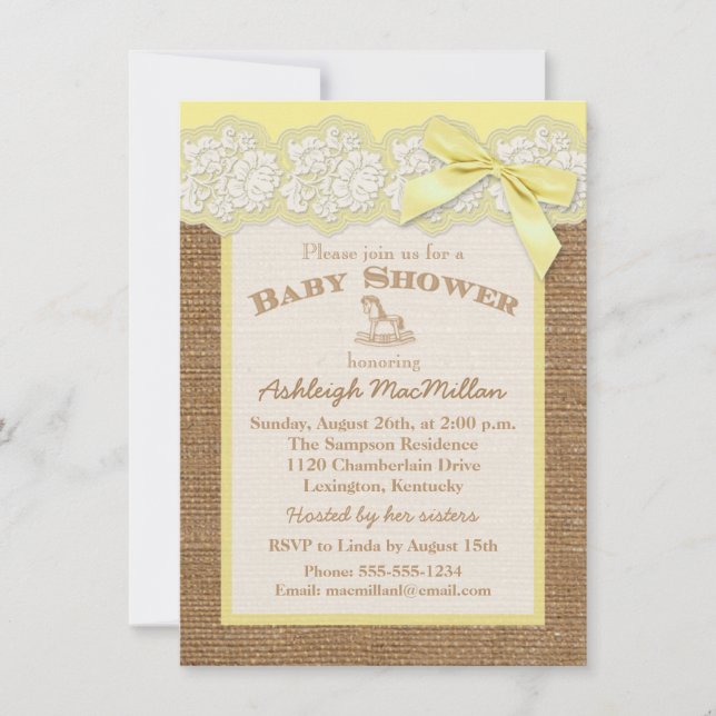 FAUX Burlap Elfenbensspets, Gul Baby Shower Inbjud Inbjudningar (Framsida)