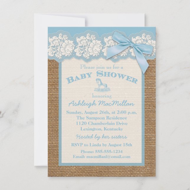 FAUX Burlap Ivory Snöre, Blue Baby Shower Inbjudan (Framsida)