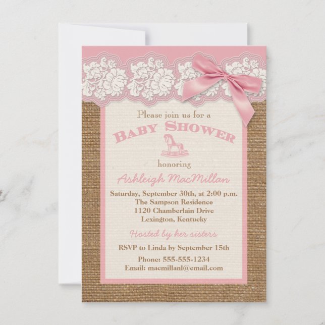 FAUX Burlap Ivory Snöre, Rosa Baby Shower Inbjudan (Framsida)