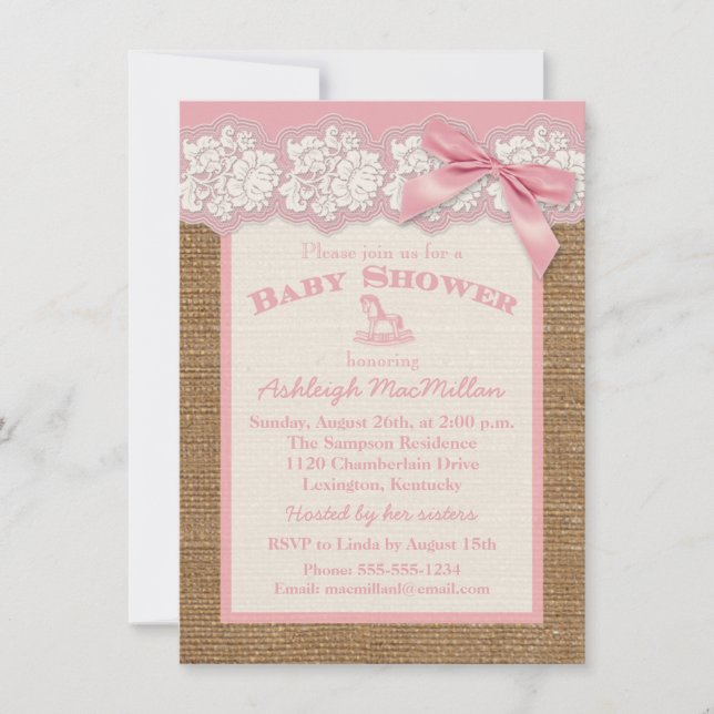 FAUX Burlap Ivory Snöre, Rosa Baby Shower Inbjudan (Framsida)