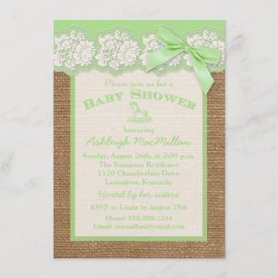 FAUX Burlap Ivory Spets, Grön Baby Shower Inbjudan