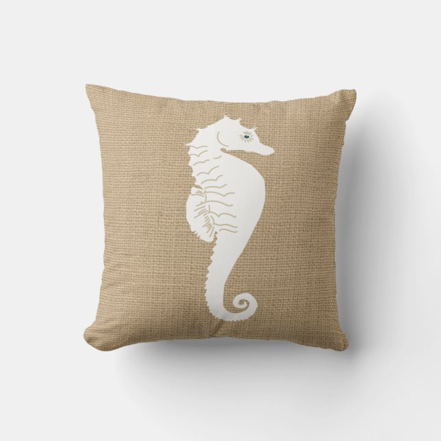 Faux Burlap Nautical Dekorativ kudde med Sea Horse (Framsida)