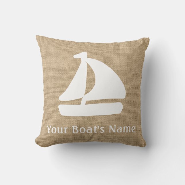 Faux Burlap Nautical Dekorativ kudde med Segelbåt (Framsida)