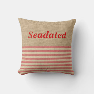 Faux Burlap Nautical Pillow Red rand Monogram Kudde