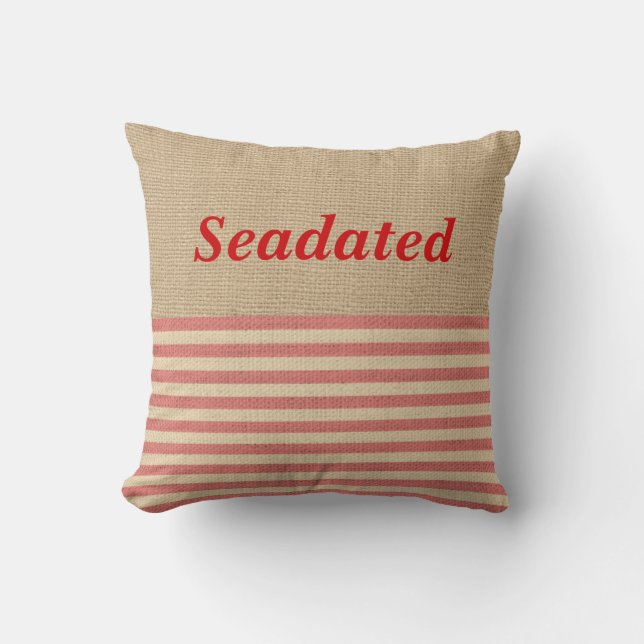 Faux Burlap Nautical Pillow Red rand Monogram Kudde (Framsida)