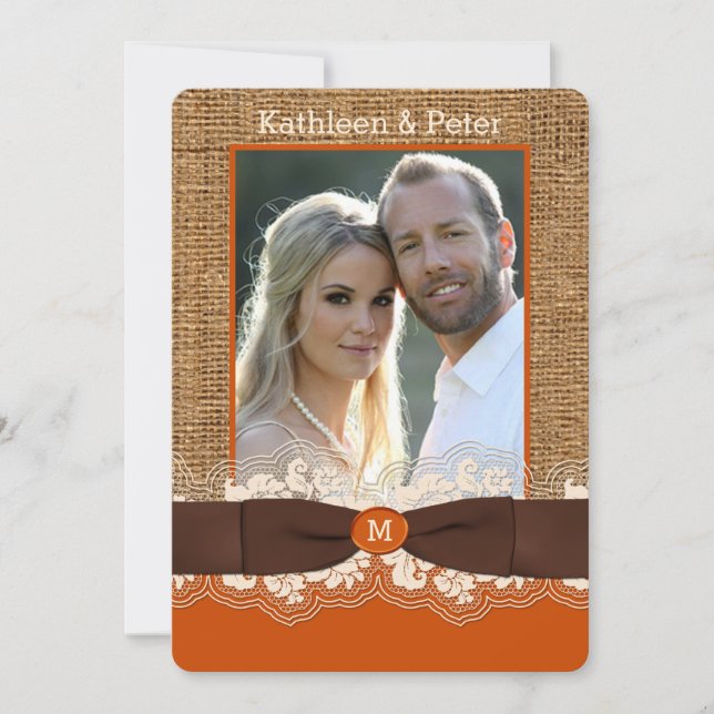 FAUX Burlap Snöre Bow PHOTO BröllopBjud, Brown 2 Inbjudningar (Framsida)