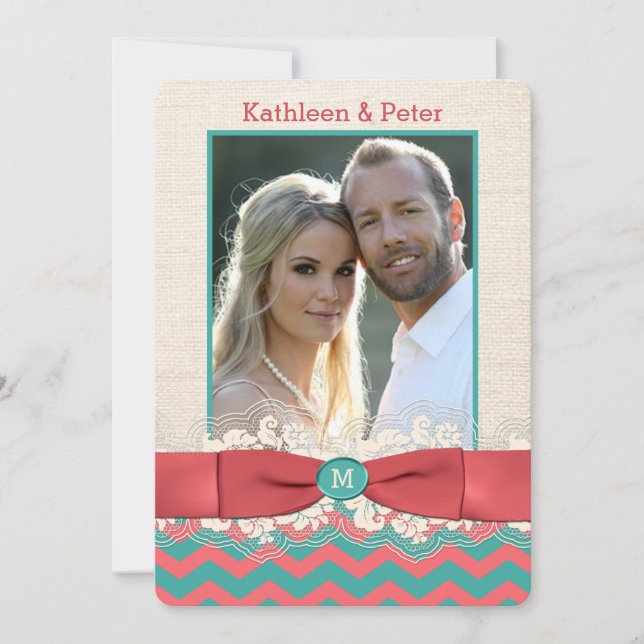 FAUX Burlap Snöre Bow PHOTO Bröllopsinbjudan, Chev Inbjudningar (Framsida)