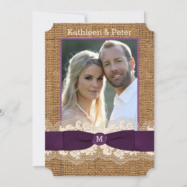 FAUX Burlap Snöre Bow PHOTO Wedding bjudande, Lila Inbjudningar (Framsida)