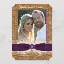 FAUX Burlap Snöre Bow PHOTO Wedding bjudande, Lila Inbjudningar
