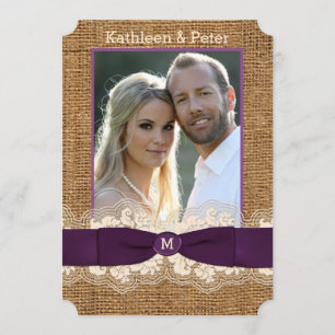 FAUX Burlap Snöre Bow PHOTO Wedding bjudande, Lila Inbjudningar
