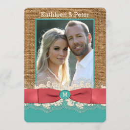FAUX Burlap Snöre Bow PHOTO Wedding Invitding, Aqu Inbjudningar