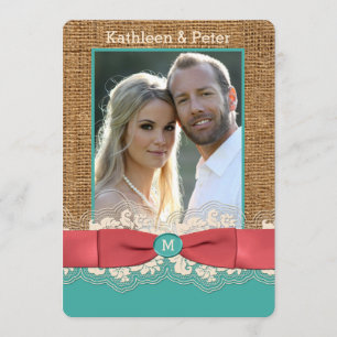 FAUX Burlap Snöre Bow PHOTO Wedding Invitding, Aqu Inbjudningar