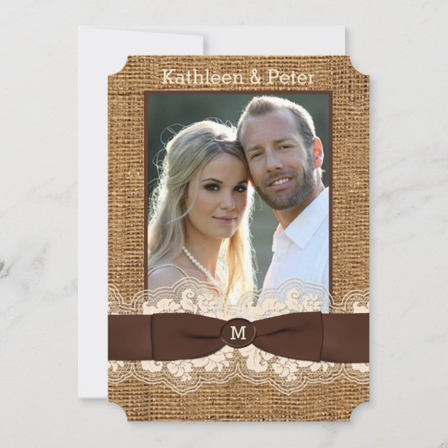 FAUX Burlap, Snöre, Bow PHOTO Wedding Invitding, B Inbjudningar (Framsida)