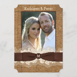 FAUX Burlap, Snöre, Bow PHOTO Wedding Invitding, B Inbjudningar