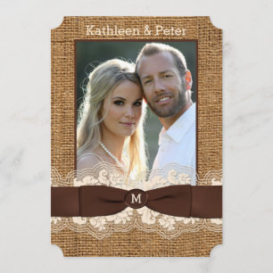 FAUX Burlap, Snöre, Bow PHOTO Wedding Invitding, B Inbjudningar
