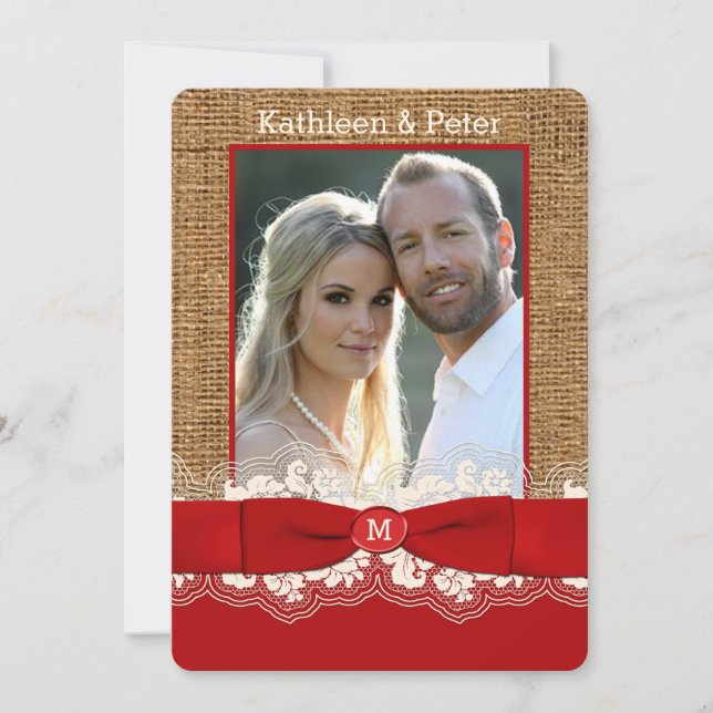 FAUX Burlap, Snöre, Bow PHOTO Wedding Invitding, R Inbjudningar (Framsida)